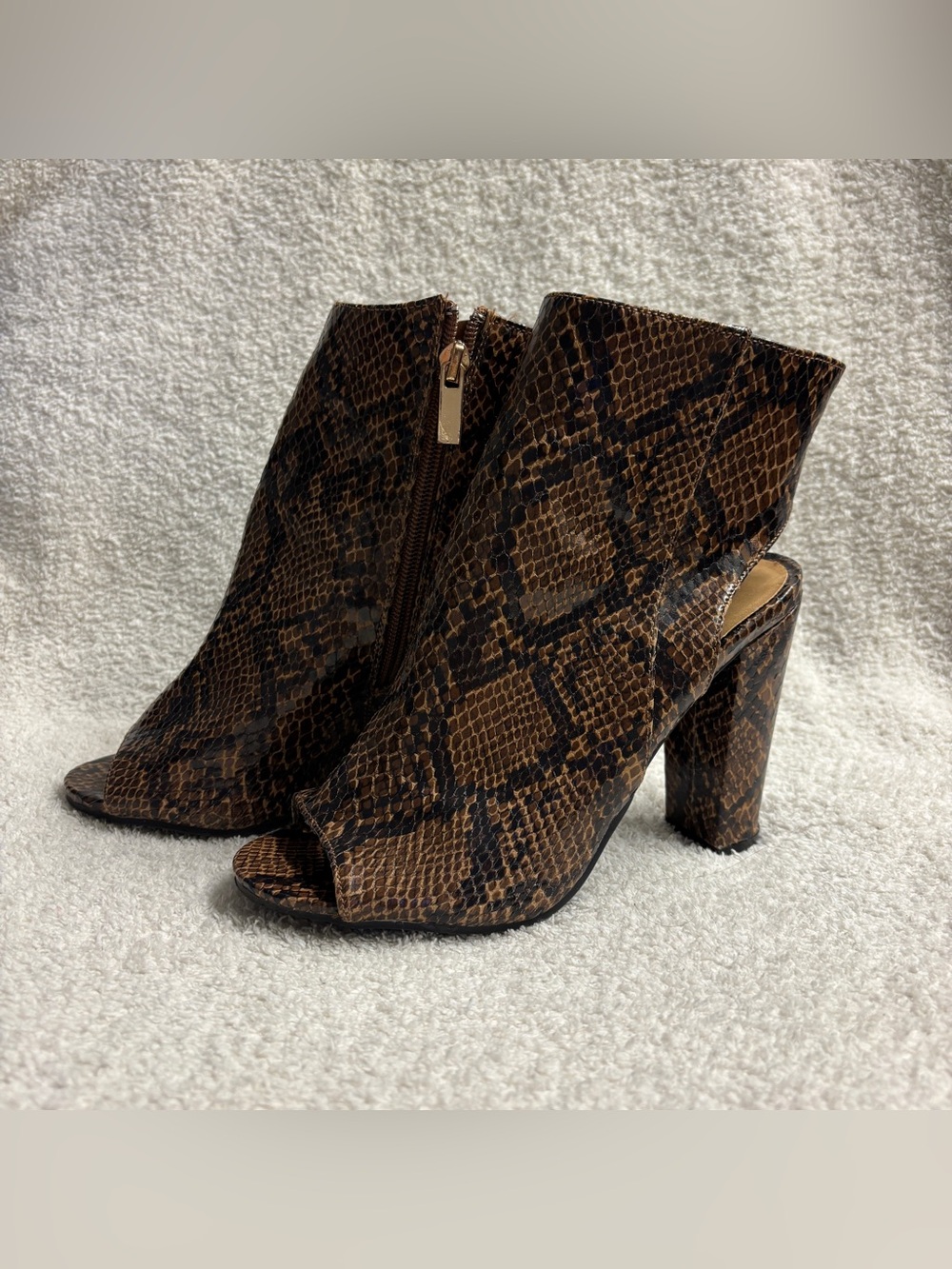 Brown and Black Snake-Print Peep-Toe Block Heel Booties size 6.5